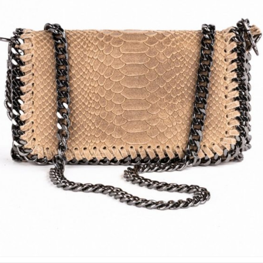 Elegant Tan Crossbody Bag with Chain Accent